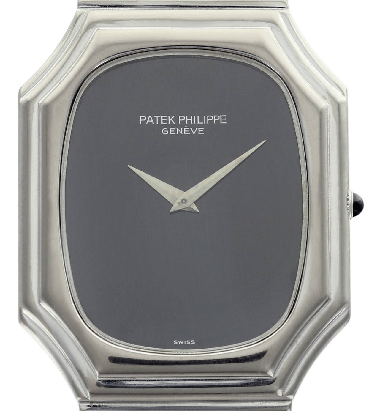 This rare and unusual Patek Philippe reference 3729 is a beautiful retro design with the original white gold Patek Philippe band and simple black dial.