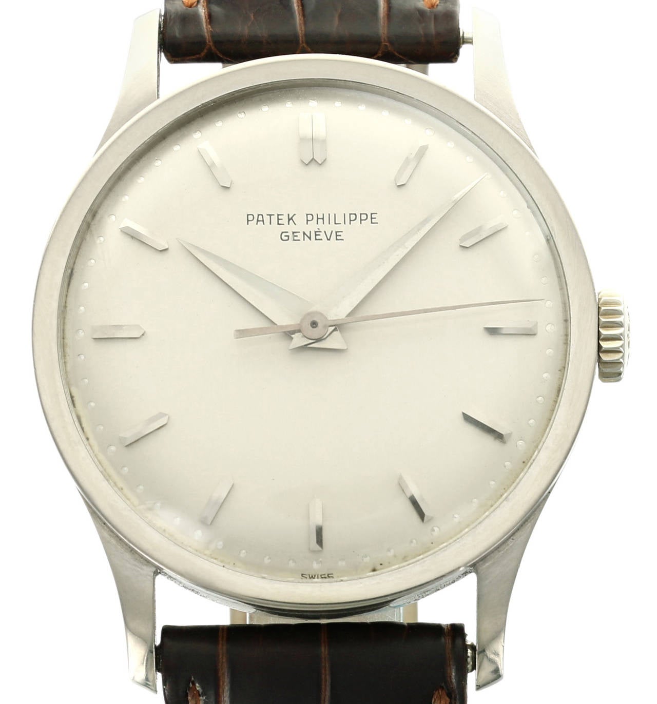 The Patek Philippe reference 570 is a simple, elegant watch, keeping with the traditions of the Calatrava models. This particular 570 has a white gold case in excellent shape with a crocodile strap.
