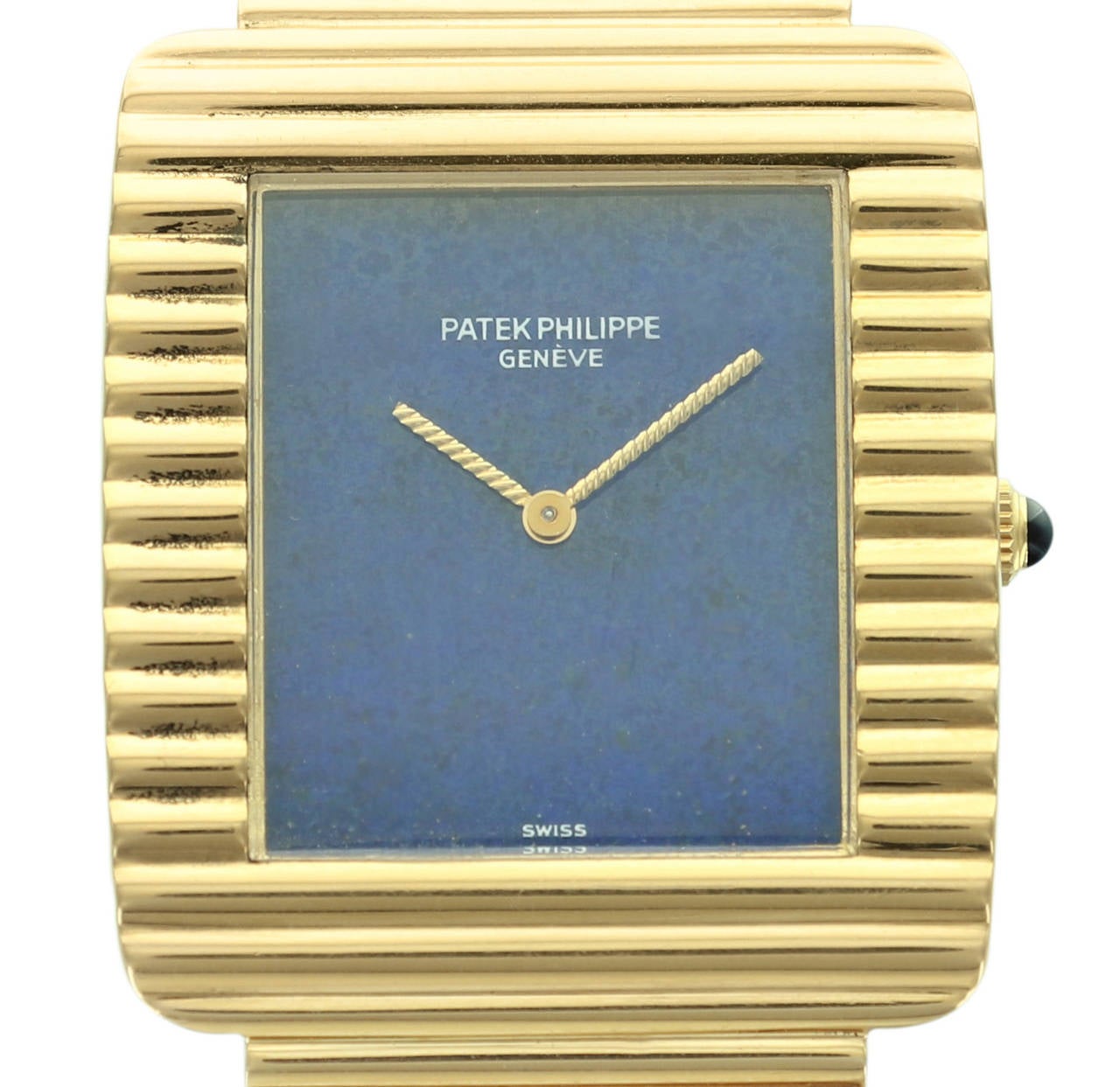 This rare Patek Philippe rectangle shaped watch is an unusual yellow gold watch with a beautiful Lapis Lazuli dial.