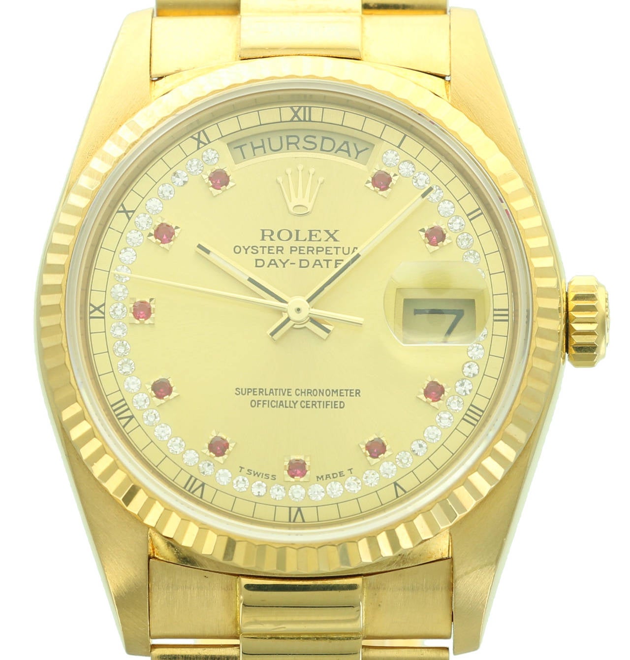 Rolex Yellow Gold Diamond Ruby Dial Day-Date Wristwatch Ref 18038