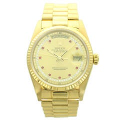 Rolex Yellow Gold Diamond Ruby Dial Day-Date Wristwatch Ref 18038