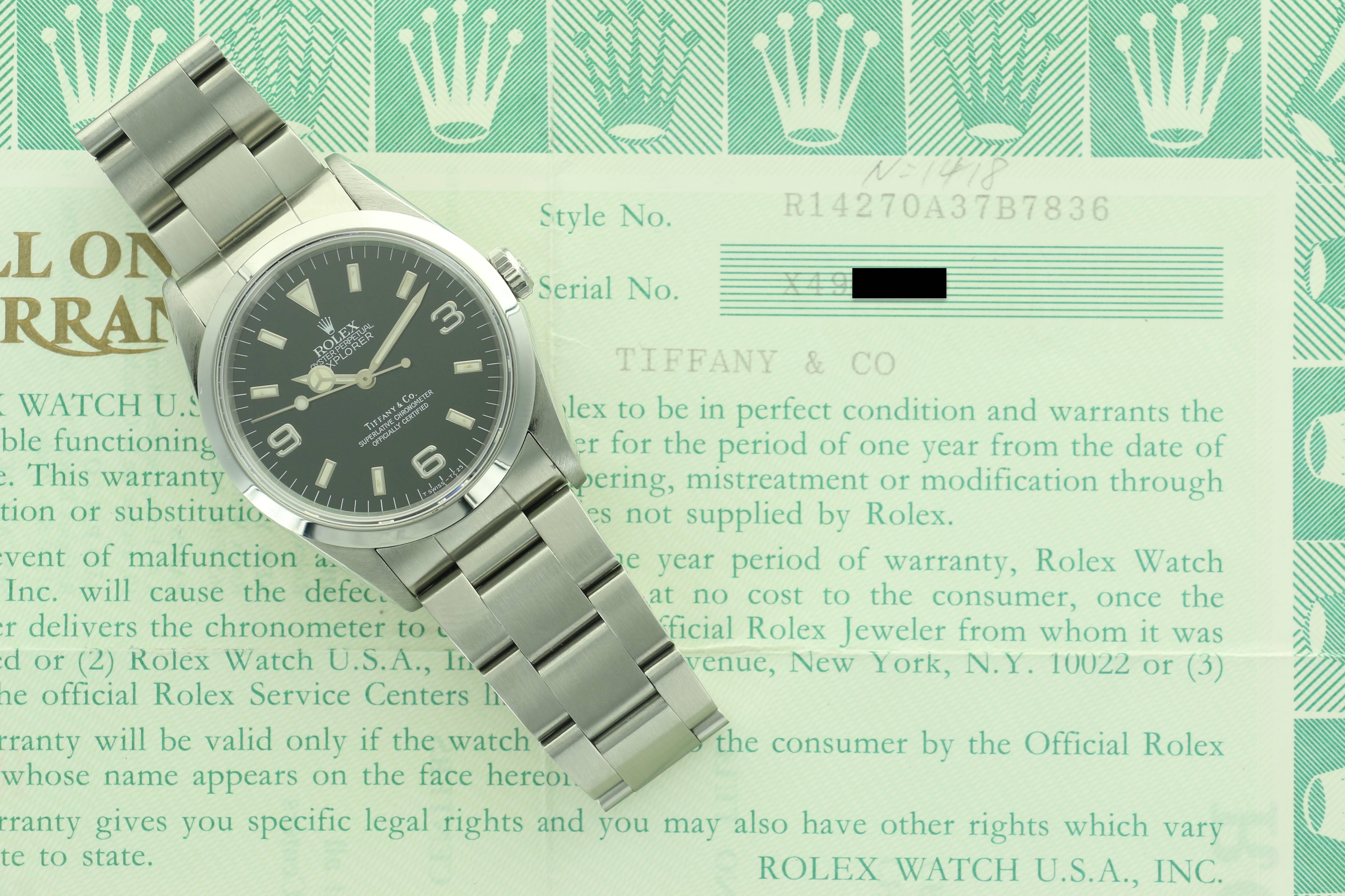 Rolex Tiffany & Co. stainless steel Explorer wristwatch Ref 14270 1