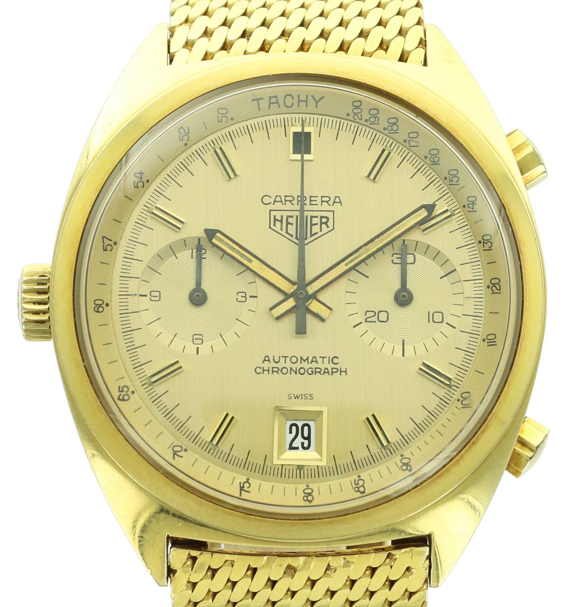 This exceptional 18k Heuer Carrera, ref. 1158CH is very rare reference and regarded by many Heuer collectors as a grail piece. The Carrera was produced in limited numbers in yellow gold, and is even more rare as a result of it's high retail price.