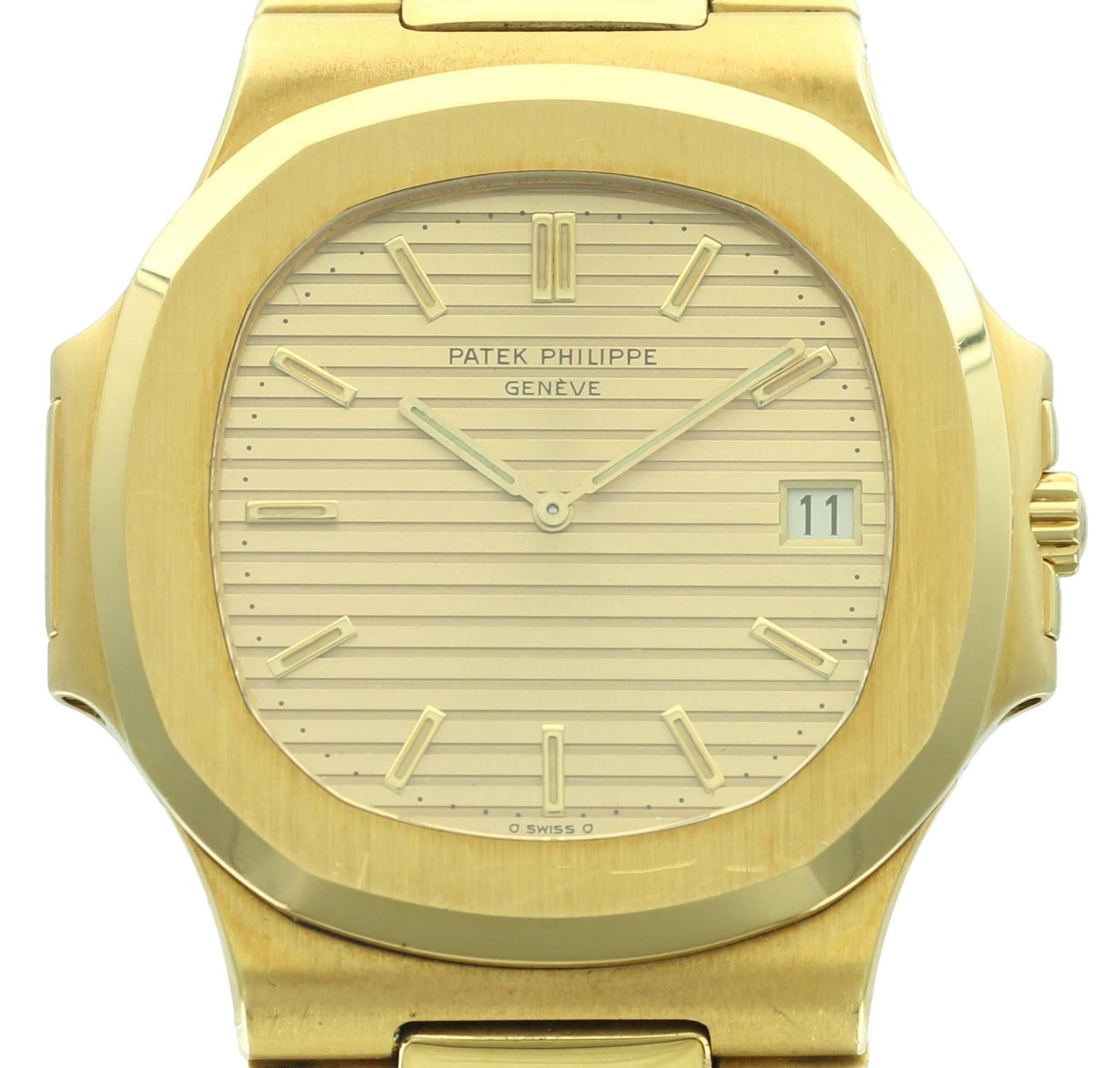 This beautiful yellow gold Patek Philippe Nautilus, ref. 3700 is in excellent, never polished condition. You can see the original brushed finish around the bezel as an example of the original state of the watch. The 3700 was the first reference of