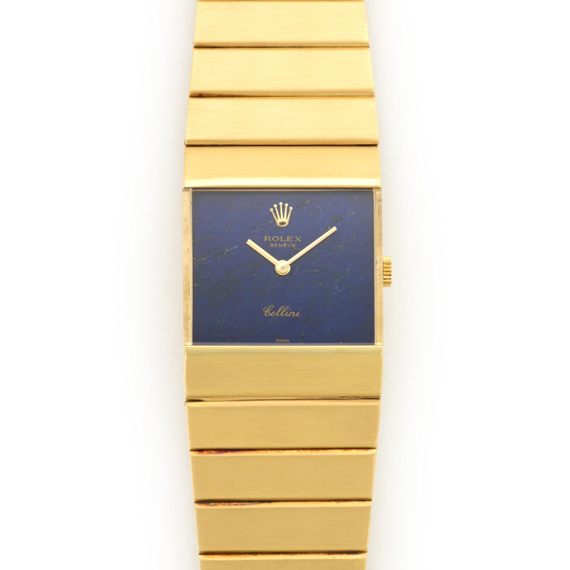 In the 1960s Rolex introduced the King Midas, a very different and exciting new watch that looked like no other. This Queen Midas (the women's version of the King Midas), features a rare Lapis dial. Truly a staple piece, this watch is sure to be