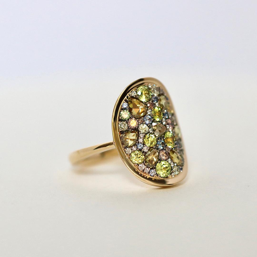 Joke Quick Rosenschliff Gelb Pink Diamond Weiß Diamant Chrysoberyll Blau Saphir Ring (Zeitgenössisch) im Angebot