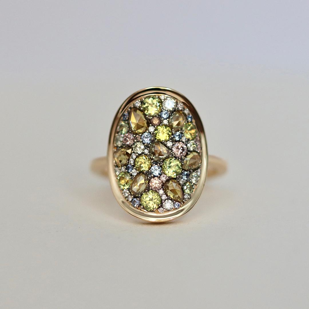 Joke Quick Rosenschliff Gelb Pink Diamond Weiß Diamant Chrysoberyll Blau Saphir Ring im Angebot 3