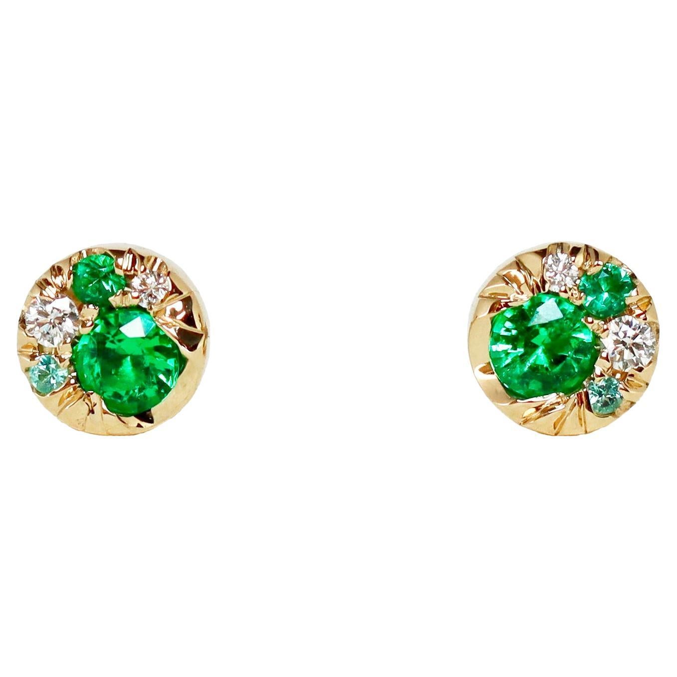 Boucles d'oreilles en or jaune 5 mm Emeraude Diamant Paraiba Tourmaline