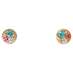 4 mm Paraiba Tourmaline + Diamond + Pink Spinel Mini Stack Side Stud Earrings