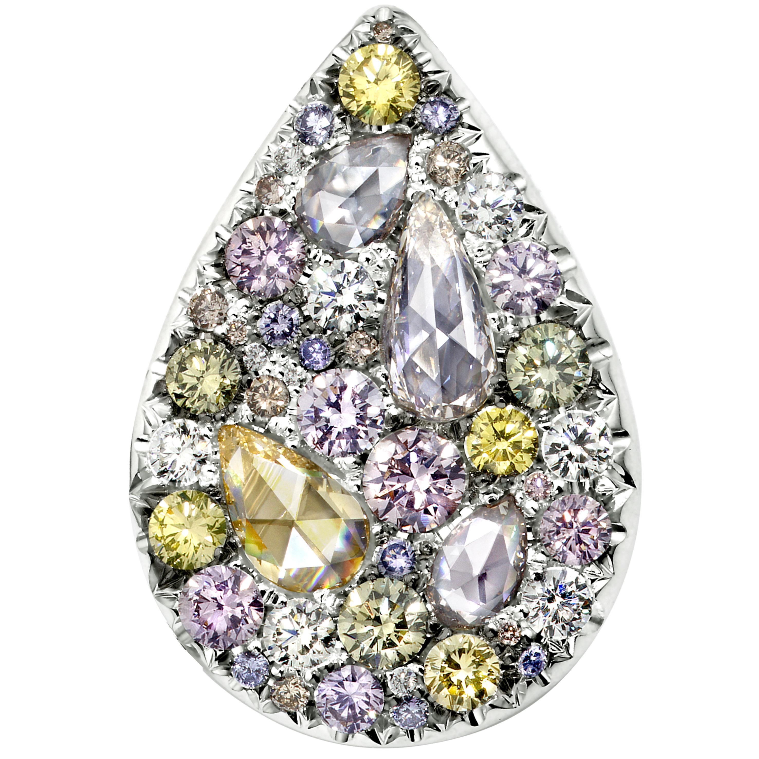 Two ways to wear this One Of a Kind 18K white gold 12g pendant set with pave natural Fancy Pink, Green, Purple pink, Yellow and Blue brilliant- & rose-cut diamonds total carats: 3,6 ct., The colours of the diamonds are best seen in daylight, because