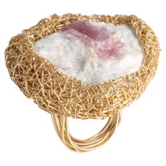 Pink Raw Tourmaline on Matrix in 14 Kt Gold F Woven Statement Ring by the Artist