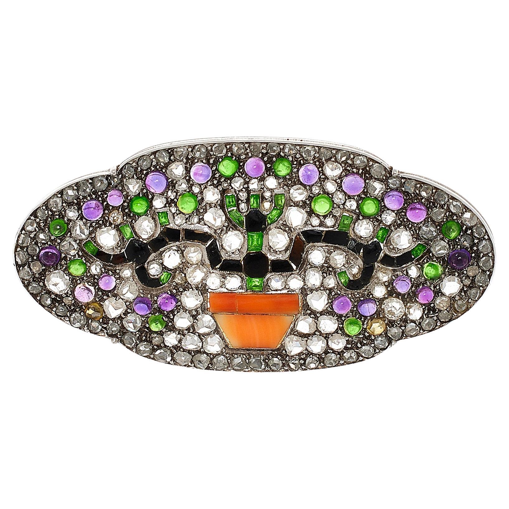 Exquisite antike französische Multigem Japoisme-Brosche im Art déco-Stil, Art déco-Stil