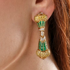 Bulgari Emerald, Yellow Diamond and Diamond Ear Clips, Circa 1980
