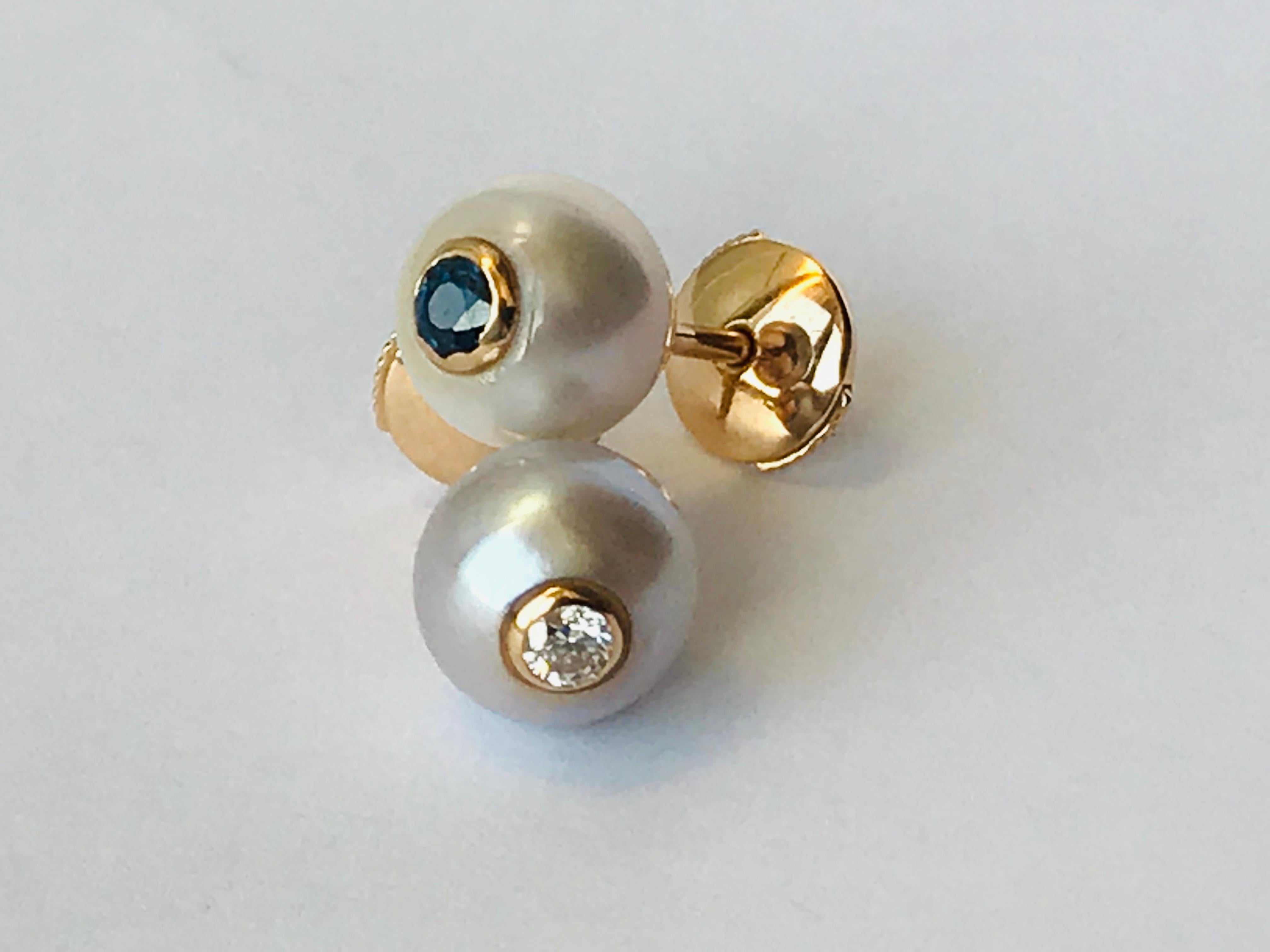 Modern 18K Rose Gold, Pearls and Sapphires Pair of Stud Earrings by Frederique Berman