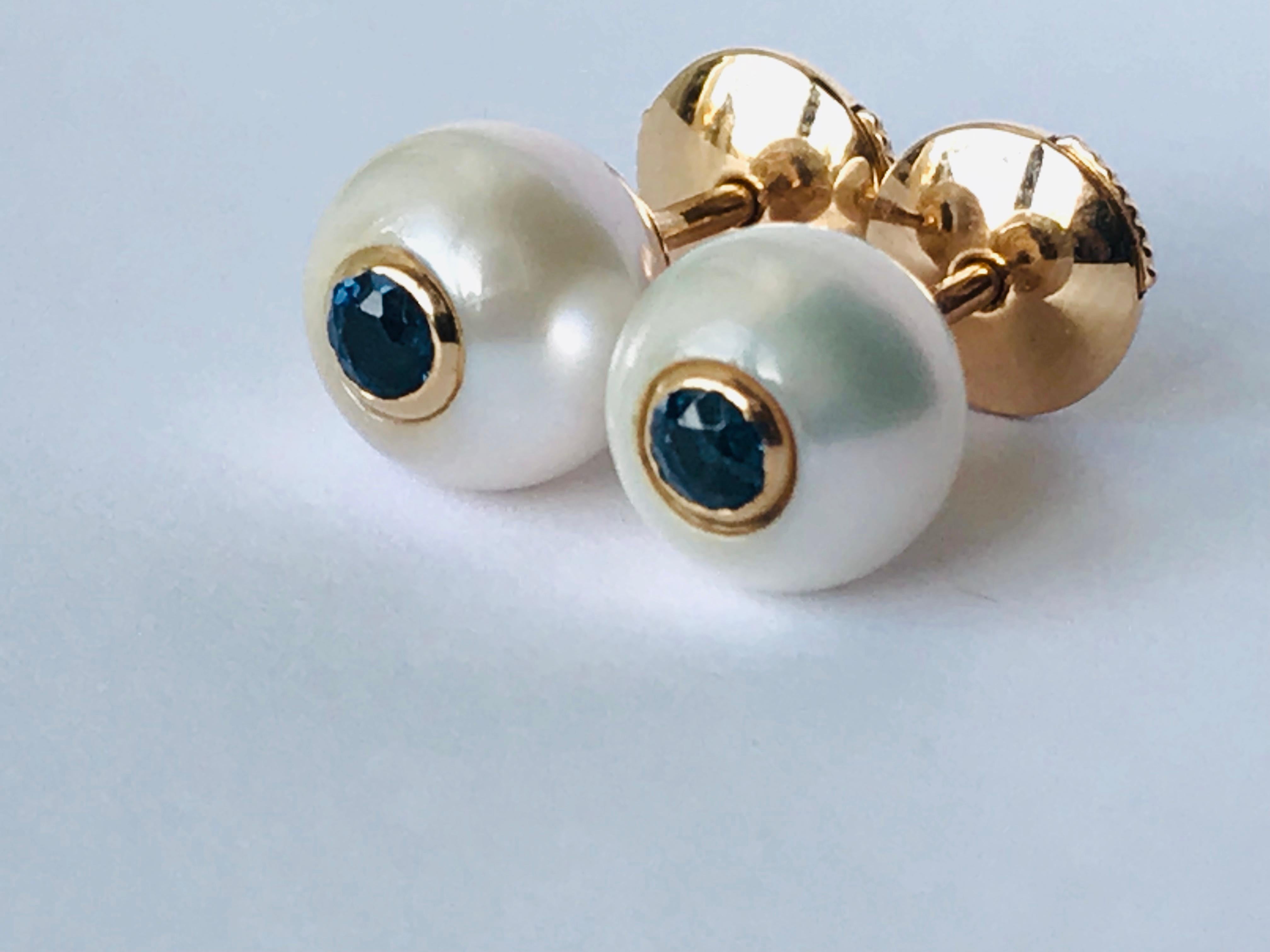 Round Cut 18K Rose Gold, Pearls and Sapphires Pair of Stud Earrings by Frederique Berman