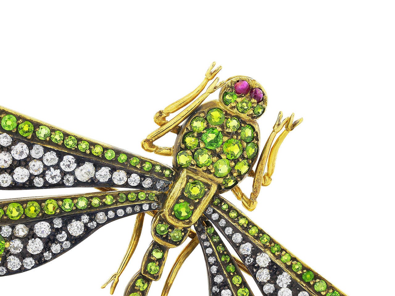Demantoid Garnet Diamond Gold Dragonfly Pin In Excellent Condition For Sale In Chestnut Hill, MA