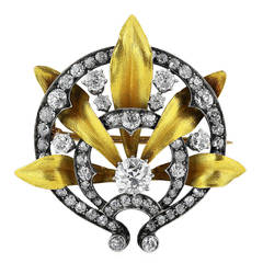 Art Nouveau Silver on Gold Diamond Brooch