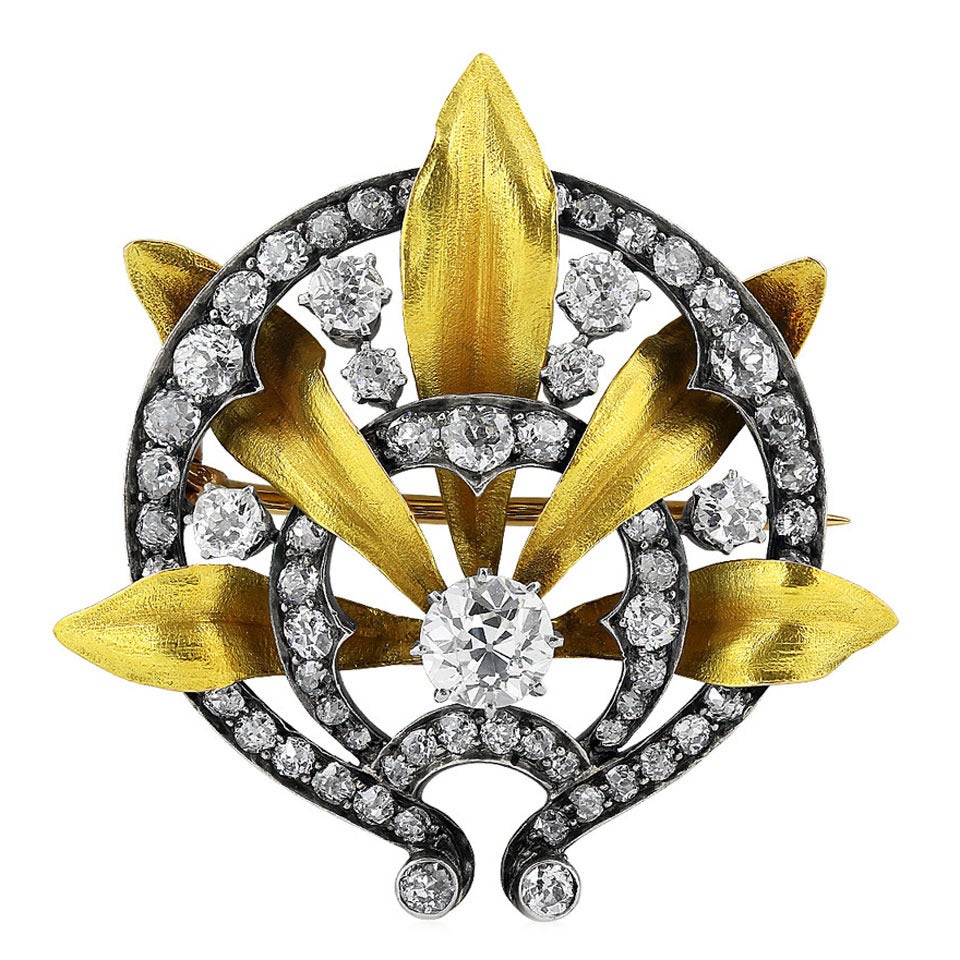 Art Nouveau Silver on Gold Diamond Brooch For Sale