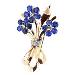 Vintage Rose Gold Sapphire and Diamond Floral Brooch