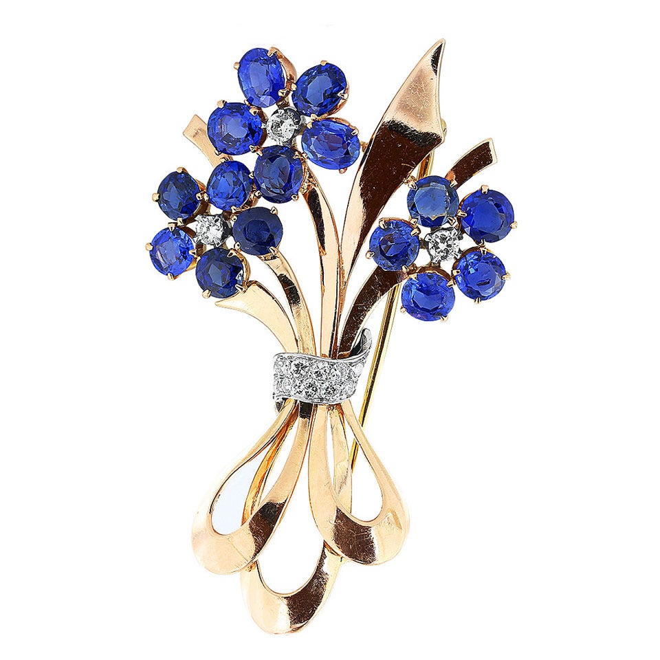 Vintage Rose Gold Sapphire and Diamond Floral Brooch For Sale