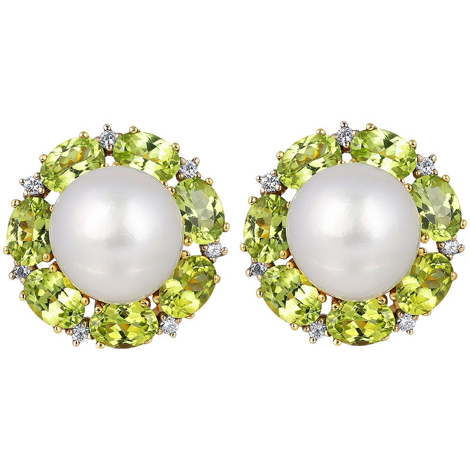 South Sea Pearl Peridot Diamond Gold Earrings For Sale