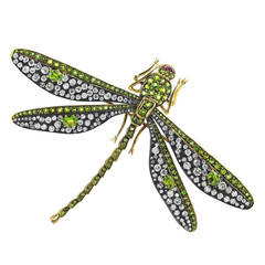 Demantoid Garnet Diamond Gold Dragonfly Pin