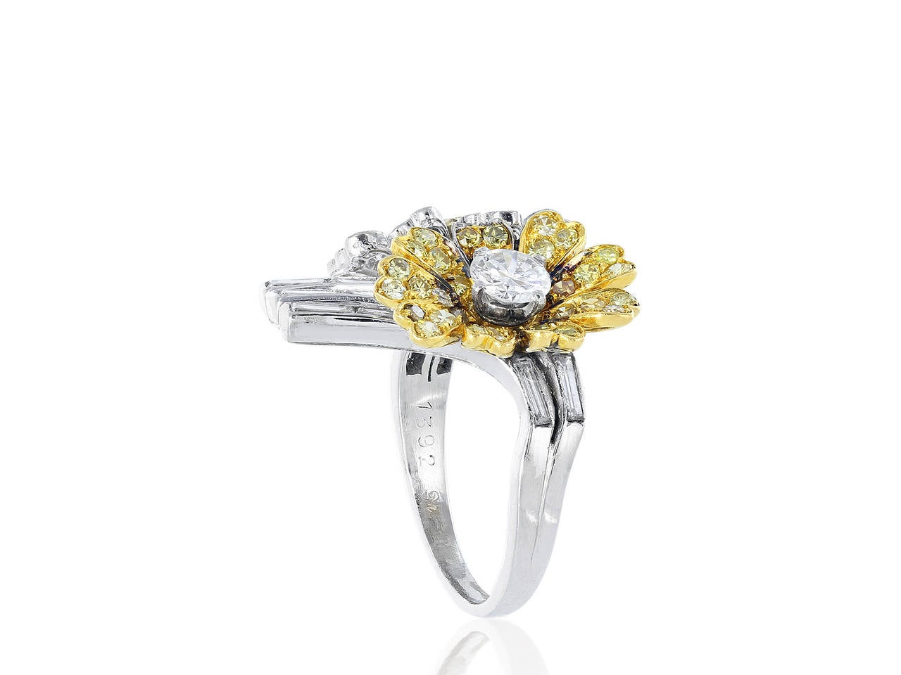 Baguette Cut 2.88 Carats Diamonds Gold Floral Motif Ring For Sale