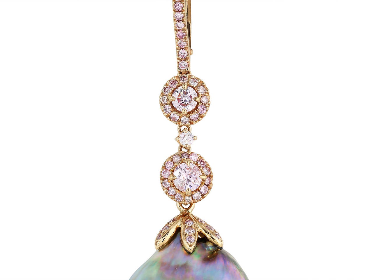 18 karat rose gold drop earrings consisting of 4 round brilliant cut pink diamonds having a total weight of .71 carats each surrounded by halos of pave set pink full cut diamonds and 2 baroque black South Sea pearl drops accented with pave set pink