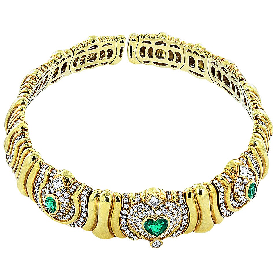 Emerald Diamond Gold Collar Necklace For Sale