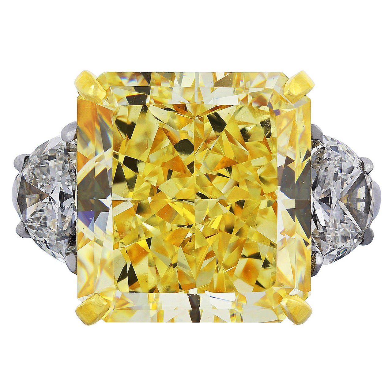 GIA Certified 14.63 Carat Fancy Yellow Diamond Three Stone Engagement Ring  For Sale