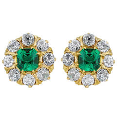 Victorian Emerald Diamond Gold Cluster Earrings