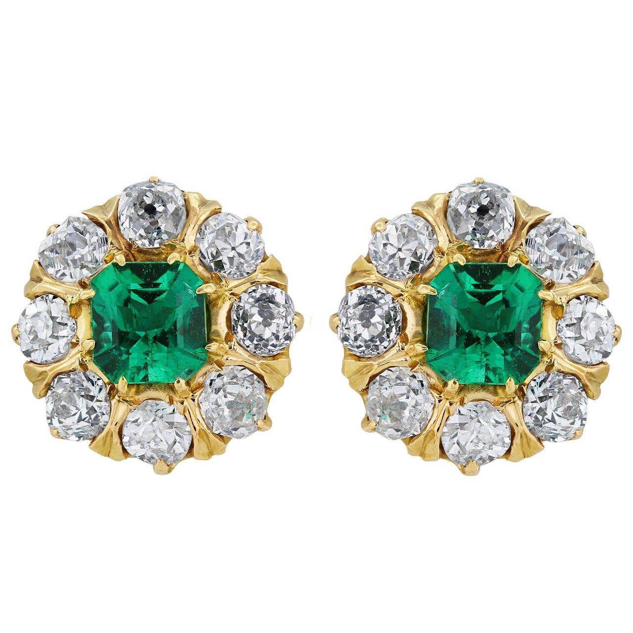 Victorian Emerald Diamond Gold Cluster Earrings