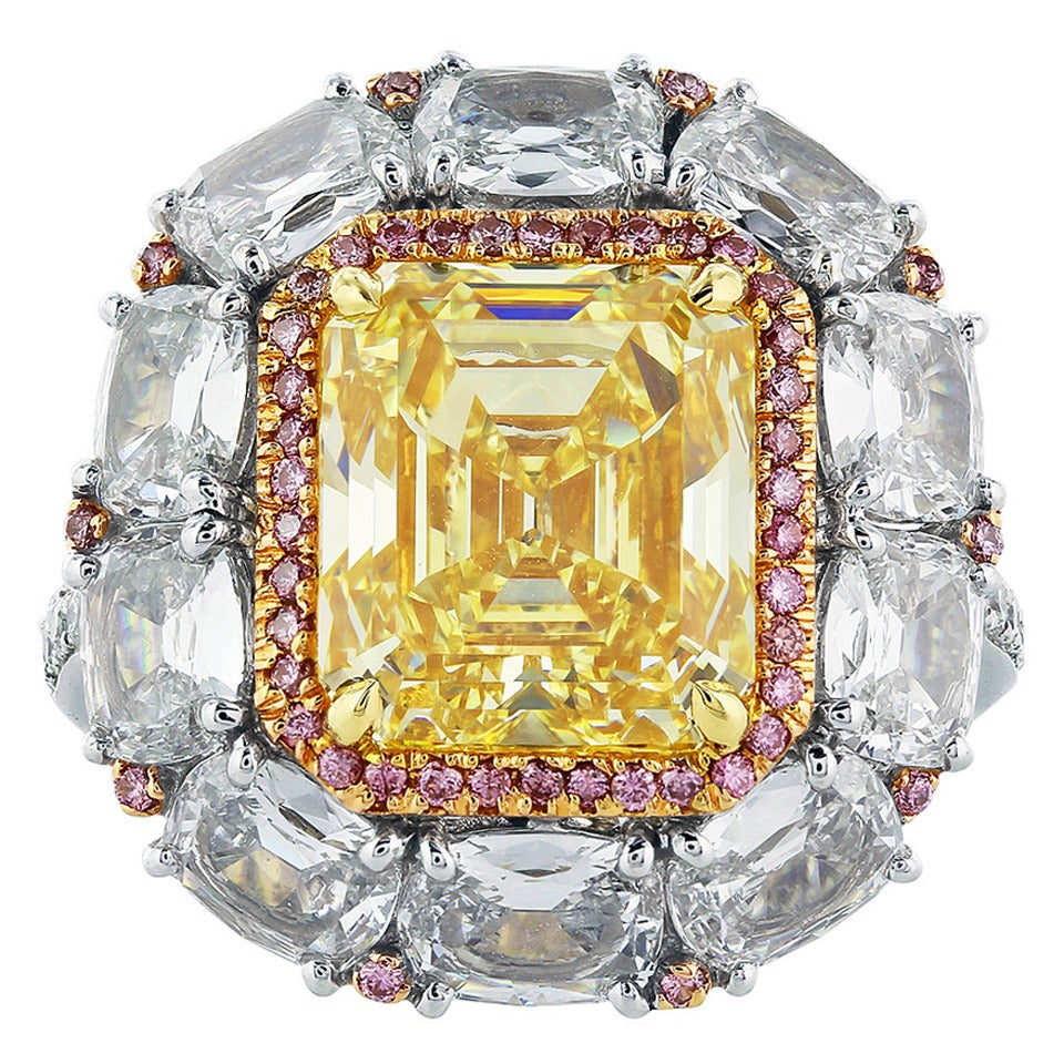 5.08 Carat GIA Cert Fancy Intense Canary Diamond Gold Platinum Cluster Ring