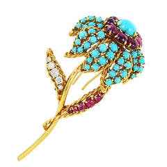 Chic 1950s Turquoise Ruby Diamond Flower Brooch