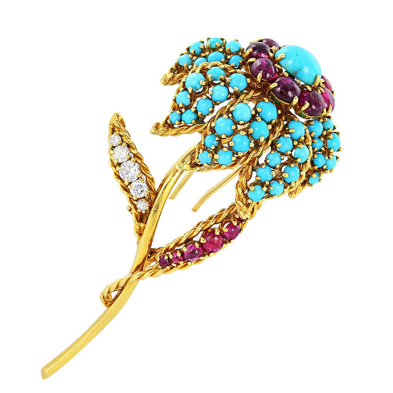 Chic 1950s Turquoise Ruby Diamond Flower Brooch For Sale