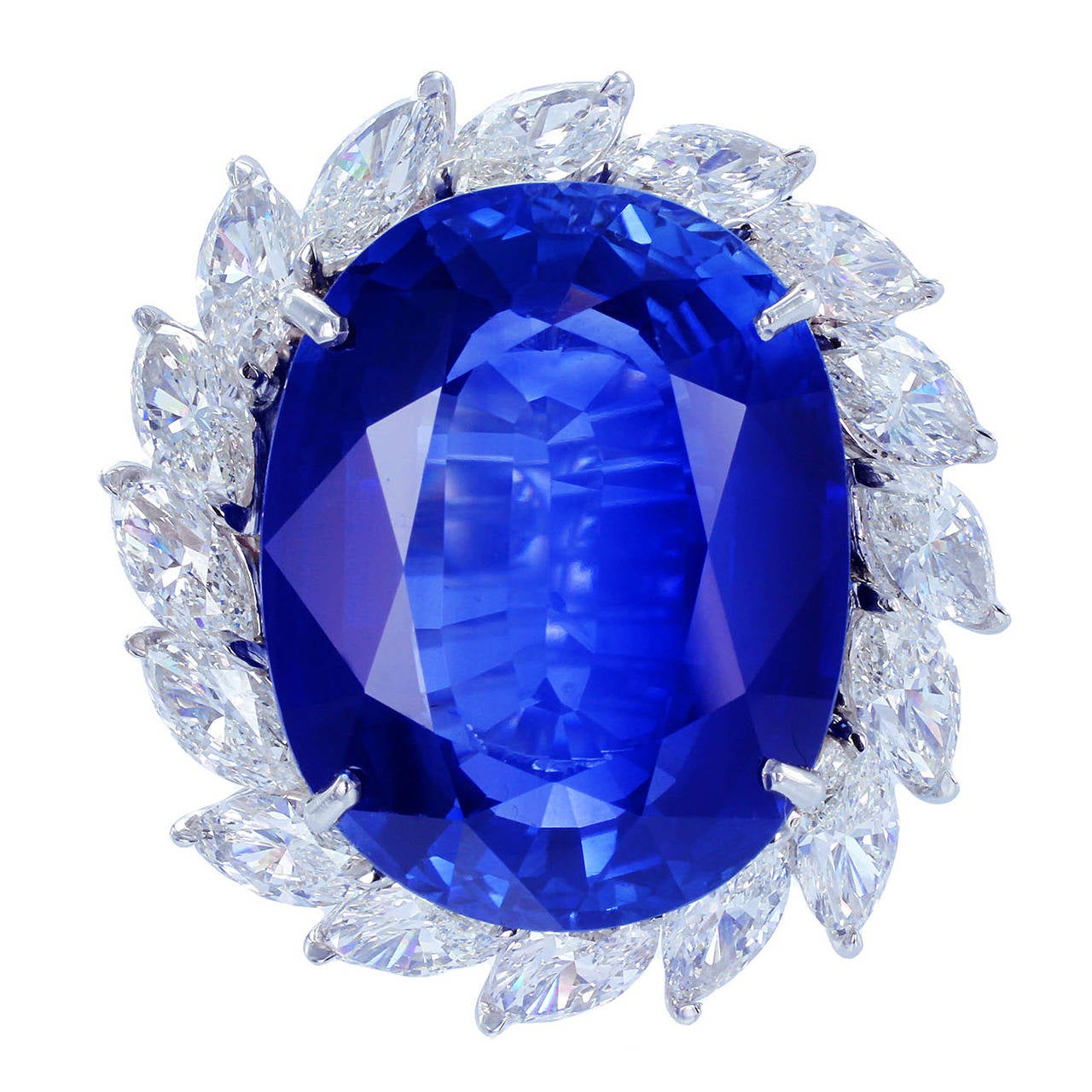 22.85 Carat Ceylon Sapphire Marquise Diamond Platinum Cluster Ring For Sale