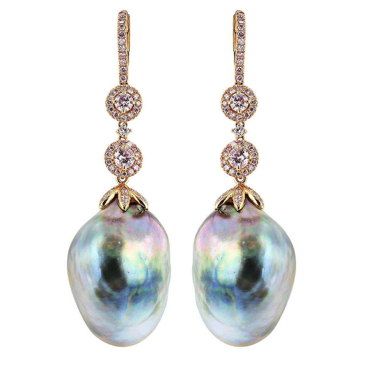 South Sea Pearl Diamond Gold Drop Earrings at 1stDibs