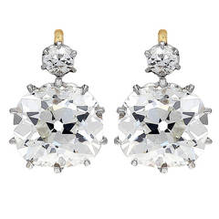 7.51 Carat Antique Cushion Diamond Gold Platinum Earrings