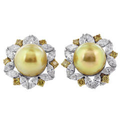 South Sea Pearl Diamond Gold Platinum Earrings