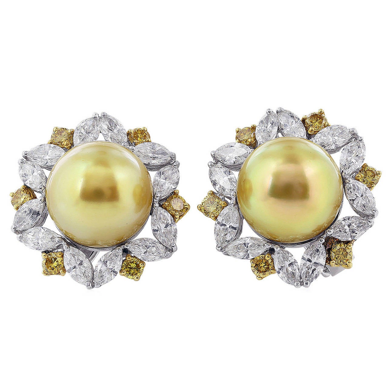 South Sea Pearl Diamond Gold Platinum Earrings