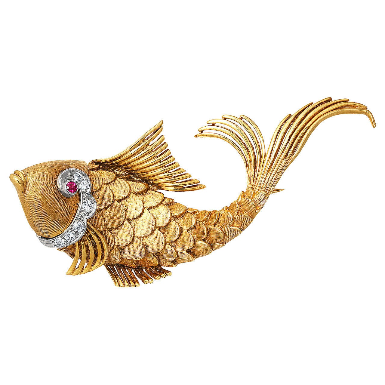 Ruby Diamond Gold Fish Brooch For Sale