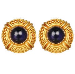 Iolite Gold Etruscan Style Button Earrings