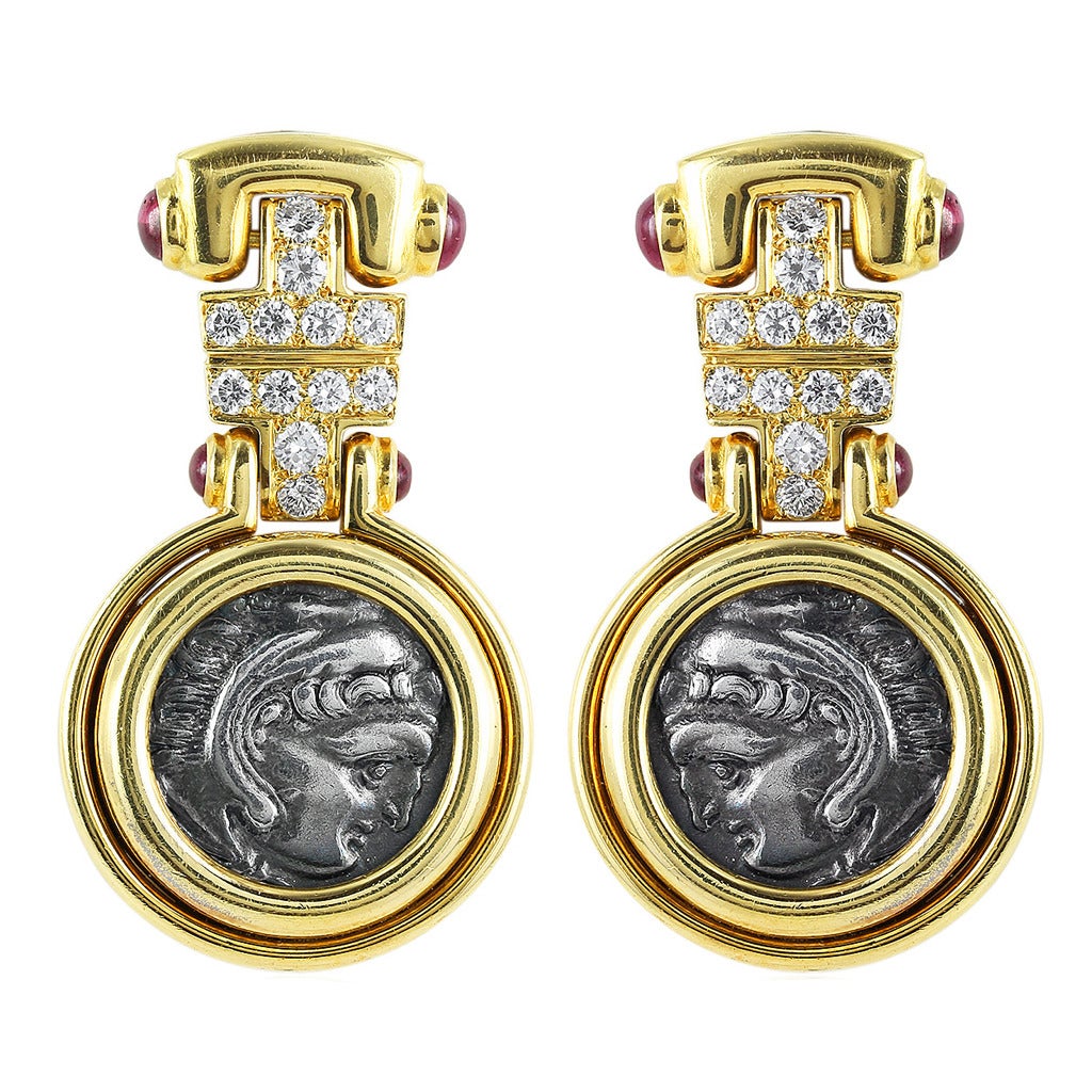 Bulgari Ancient Coin Diamond Gold Earrings For Sale