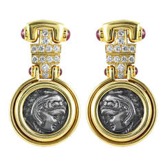 Bulgari Ancient Coin Diamond Gold Earrings