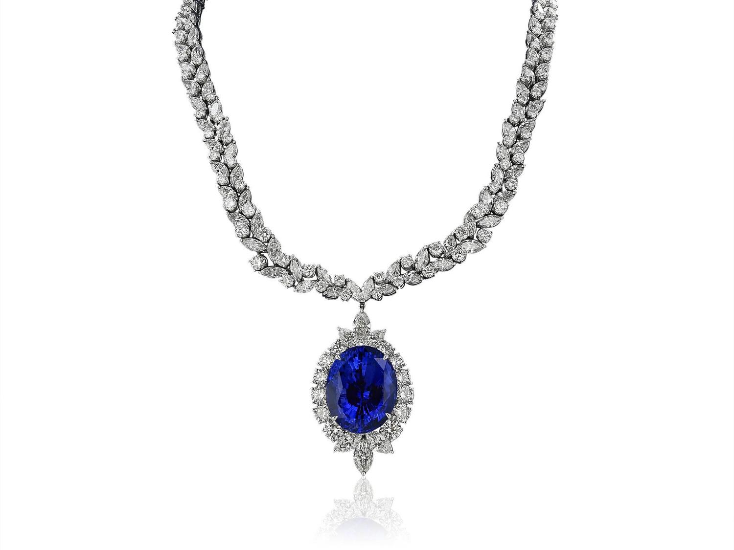 50.14 Oval Ceylon Sapphire Diamond Platinum Enhancer Necklace For Sale ...
