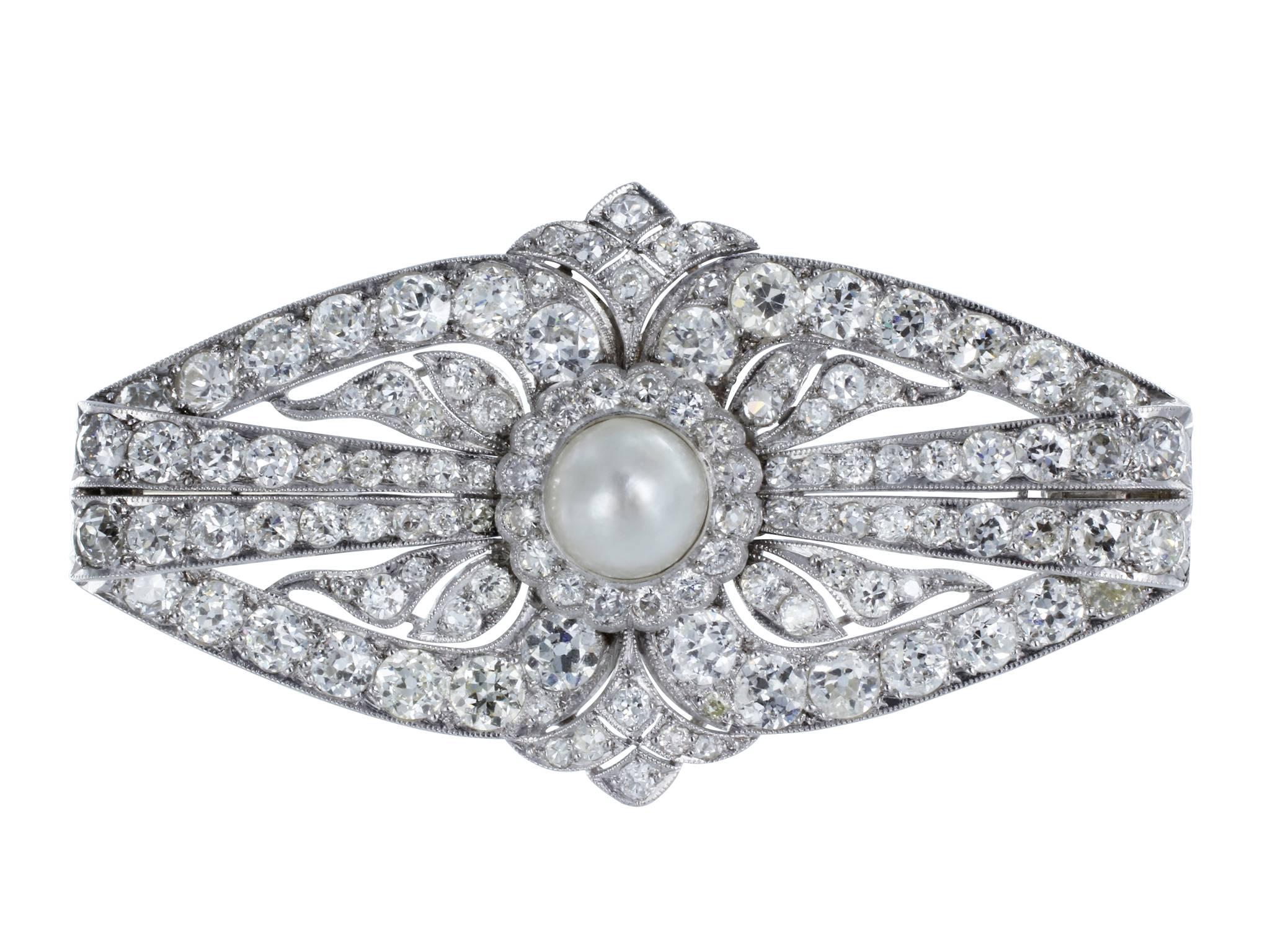 Art Deco Natural Pearl Diamond Platinum Pin For Sale
