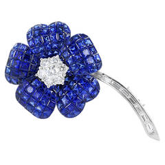 Sapphire Diamond Platinum Flower Brooch 1