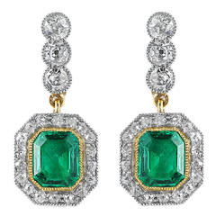 Antique Colombian Emerald Diamond Gold Drop Earrings