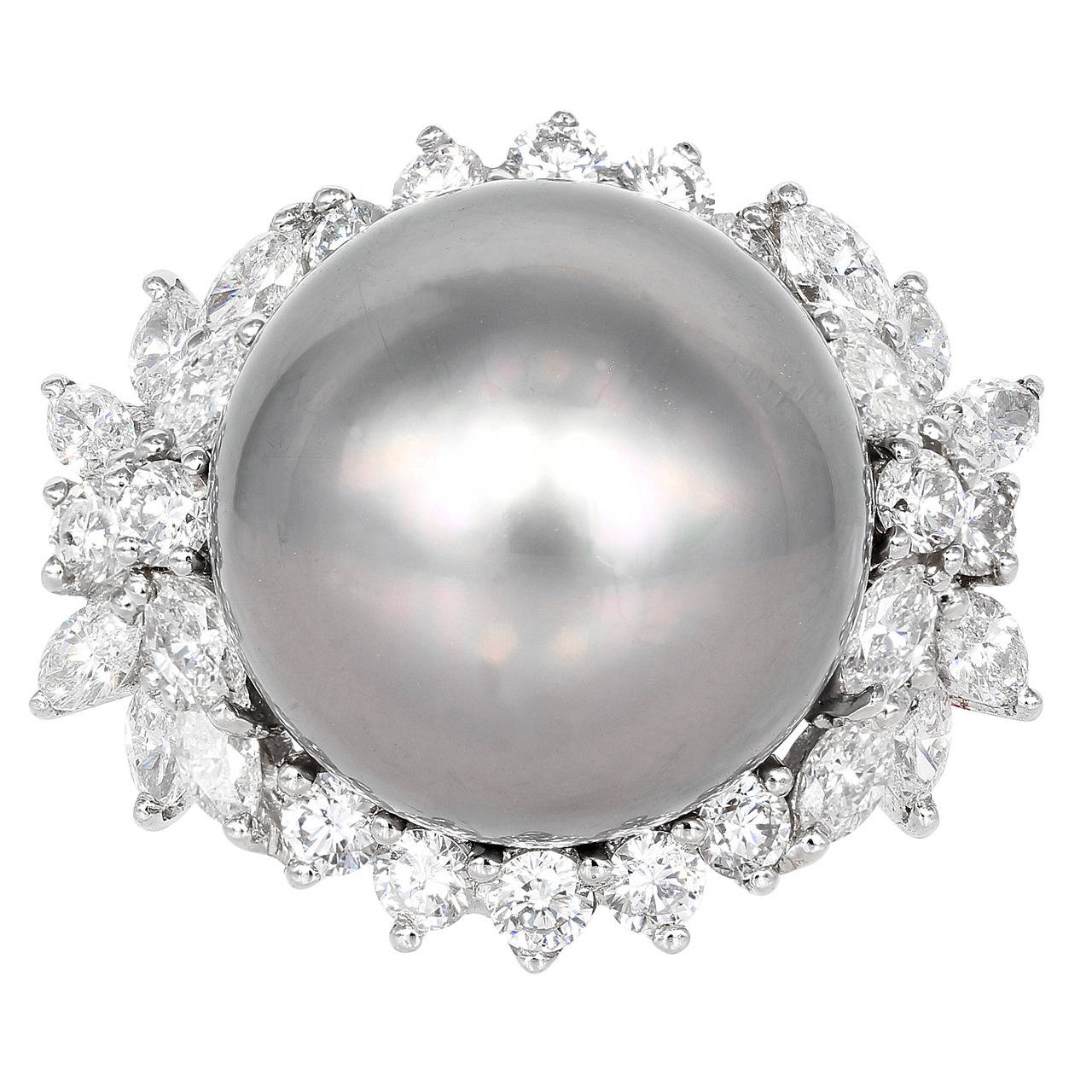 Gray South Sea Pearl Diamond Gold Cluster Ring For Sale