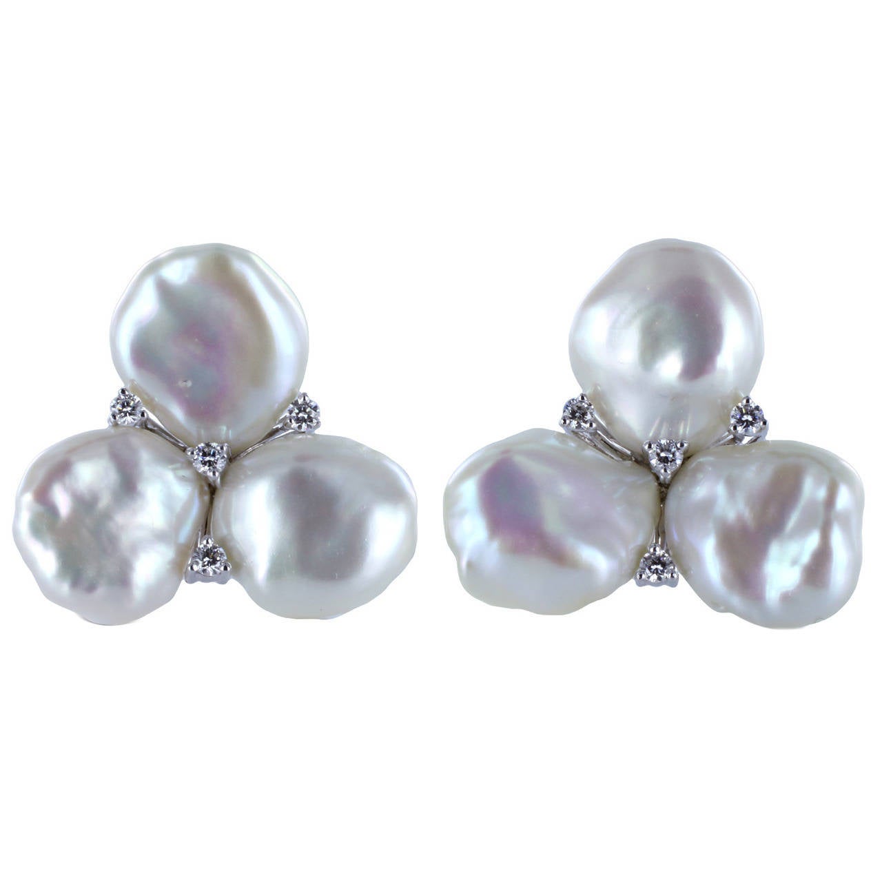 Pearl Diamond Gold Cluster Earrings For Sale